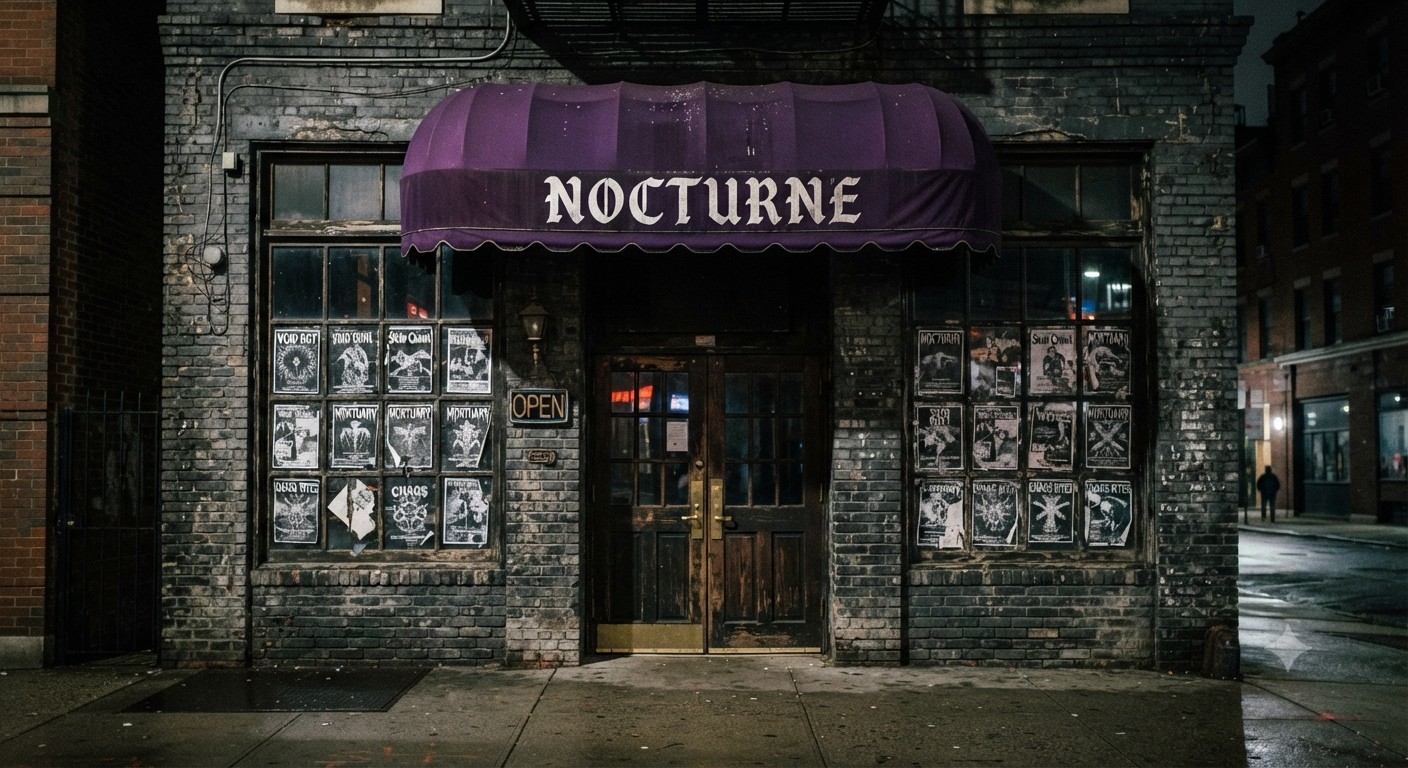 Nocturne, a dark venue storefront with a purple awning and wood double doors